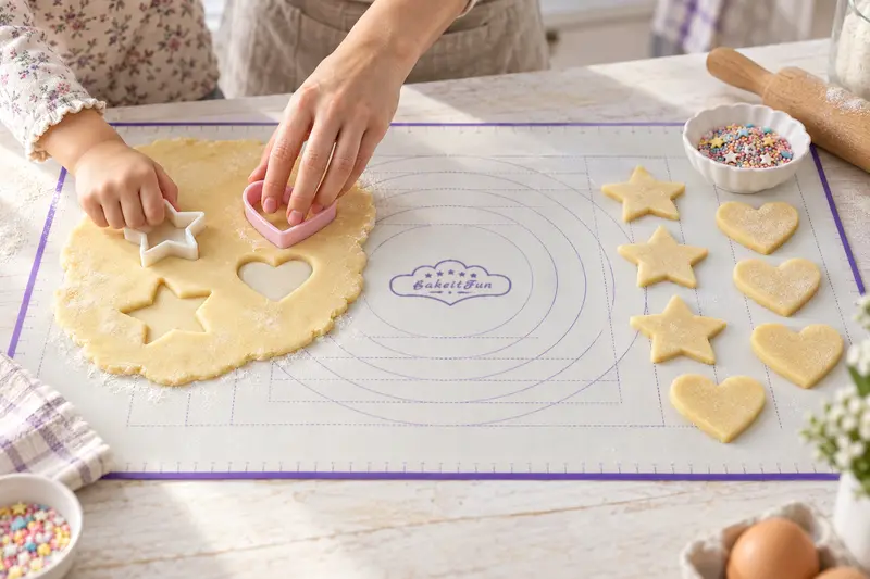 Hands cutting star and heart cookies from dough on a purple-bordered pastry mat