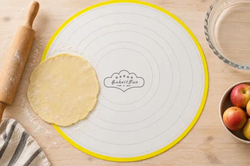 Pie dough rolled out on a round yellow-bordered pastry mat next to a pie dish