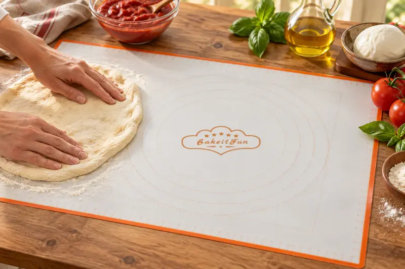 Hands stretching pizza dough on an orange-bordered pastry mat