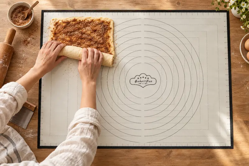 Rolling up cinnamon roll dough on a black-bordered pastry mat