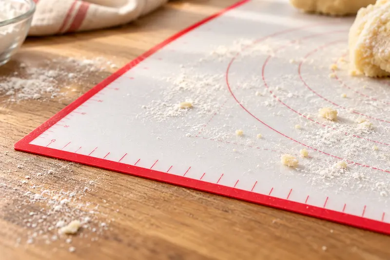 Close view of the printed rulers and circles on a red-bordered mat